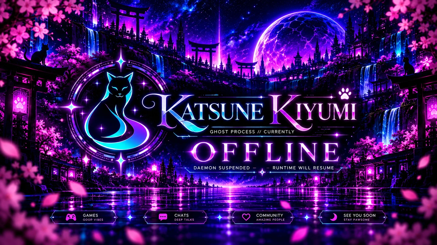 Katsune Kiyumi’s branded offline screen: a neon feline crest in a moonlit cyber-noir shrine, with Ghost Process currently offline and runtime will resume